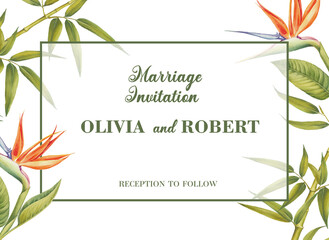 Wedding invitation watercolor hibiscus. Tropical floral illustration - 783411527