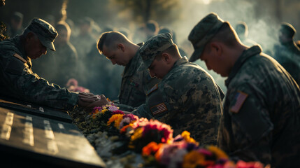 Veterans and active military personnel paying their respects at a beautifully decorated tomb, each placing a hand over their heart. The midday sun illuminates the scene, casting su - obrazy, fototapety, plakaty