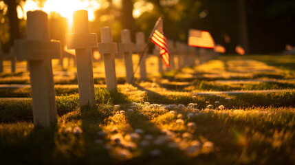 A solemn scene at a military cemetery where rows of anonymous graves are marked with white crosses and adorned with small American flags. The early morning light casts long, respec - obrazy, fototapety, plakaty