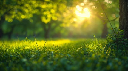 Fototapeta na wymiar A serene dawn breaks as warm sunlight filters through the vibrant green leaves of a lush garden, heralding a new day - springtime background - Generative AI