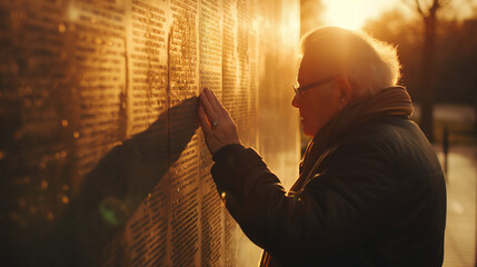 An elderly couple stands by a wall of names of anonymous soldiers, touching the engraved letters...