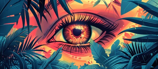 Amid vibrant leaves and plants, a detailed close-up of an eye captures nature's beauty
