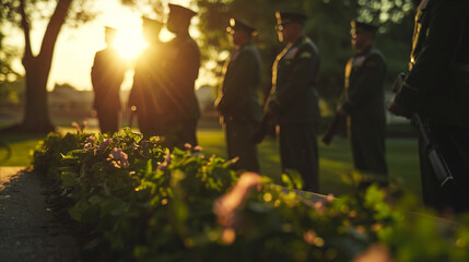 A wreath-laying ceremony at a memorial for unknown soldiers, with military personnel in dress uniforms. The early morning light casts soft shadows on the participants, highlighting - obrazy, fototapety, plakaty