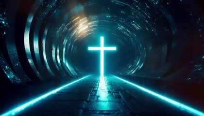 glowing neon cross in data stream tunnel futuristic virtual reality concept of faith and...