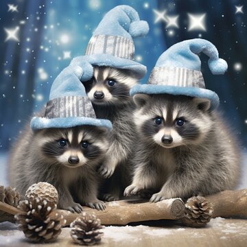 Three raccoons in a Christmas hat on a wooden background.