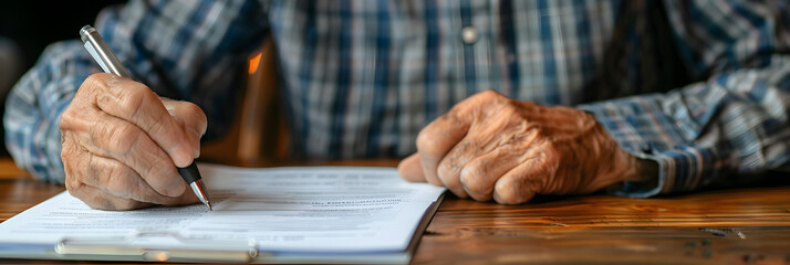 Photo of a senior reviewing a pension transfer form with a close up on the document and his pen highlighting the process of managing pension assets - Powered by Adobe