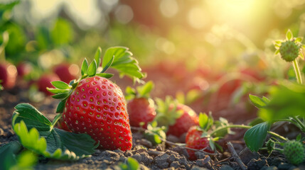 Strawberry field on fruit farm. Fresh ripe organic strawberry. close up