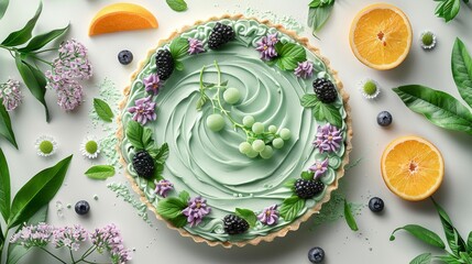   A pie with green frosting is situated on a white surface, encircled by an assortment of fruits and flowers Leaves and additional flowers gracefully surround the scene