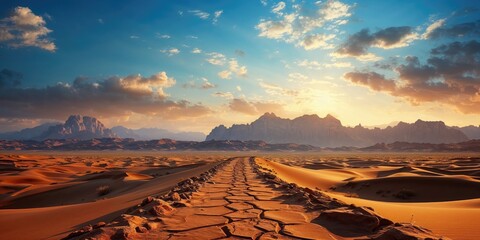 Dramatic Desert Landscape at Sunset With Cracked Soil - 783411935