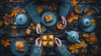   A person holds a tray laden with pastries in front of a table abundant with teacups and plates of food - obrazy, fototapety, plakaty