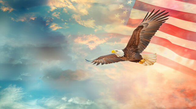 An eagle flies across a sky painted in the hues of the American flag, with the flag itself waving majestically in the background. The image captures the eagle in flight under the n