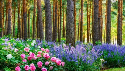 fantasy fabulous wide panoramic photo background with autumnal pine tree forest summer rose and bluebell campanula flower bush 3d illustration background environment future imagine