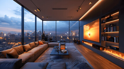Modern Smart Home Living Room with Advanced Technology Integration