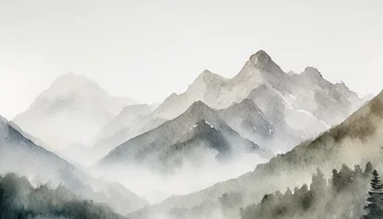 Zelfklevend Fotobehang watercolor mountain range in light gray tones over white background with copy space © Kira