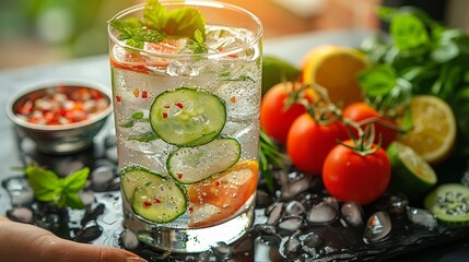   A tray holds a glass of water accompanied by sliced cucumbers, tomatoes, lemons, and mint as garnishes - obrazy, fototapety, plakaty