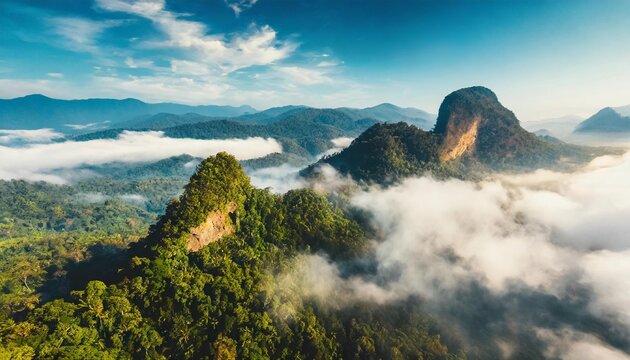aerial view of asia morning mist at tropical rainforest mountain background of beautiful forest and mist aerial top view background amazon forest