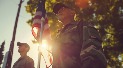 Young veterans learning from older veterans as they prepare to raise the flag at a community center flagpole. The soft, filtered sunlight highlights their interaction, emphasizing