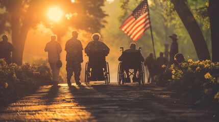 Veterans in wheelchairs and standing together around a flagpole, united in a moment of silence as the flag waves above them. The mid-morning light casts gentle shadows, underlining