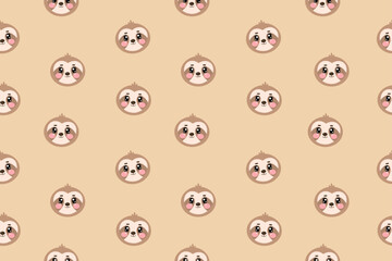 Cute kawaii sloth seamless pattern for kids on beige, light brown isolated background