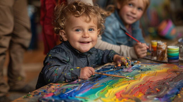 A happy little boy painting a rainbow on a canvas surrounded by supportive adults