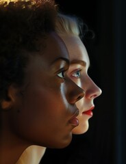 Profile picture of two girls with different skin tone.  Ultra realistic close-up photo.