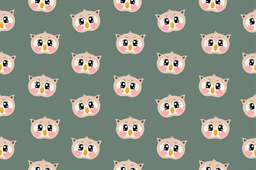 Seamless pattern with drawing flat kawaii cute happy sweet face, head of owl for children isolated on green background. Vector cartoon owl illustration for baby, kids, childens