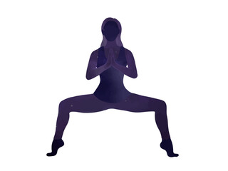 Female doing yoga Goddes pose vector illustration.  Woman silhouette minimalist vector illustration of Utkata Konasana. Wellbeing theme, healthy, practice. 