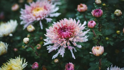 chrysanthemums on a green background chrysanthemums and asters flowers delicate floral background in pastel colors autumn perennial flowers bush double chrysanthemum flower beautiful pink and