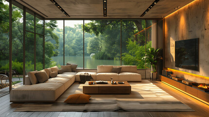 Modern Smart Home Living Room with Advanced Technology Integration