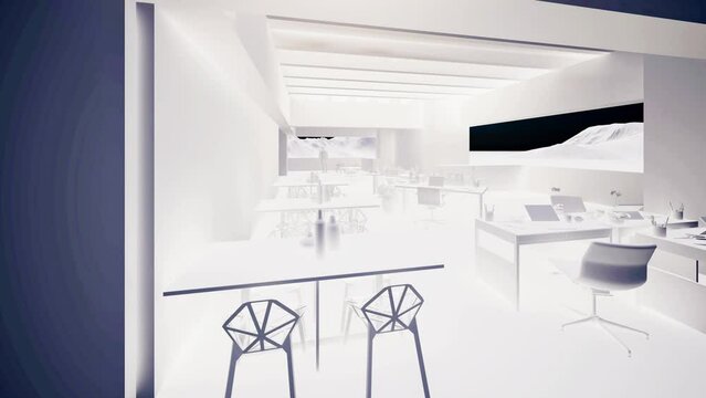 office room perspective white model with tables and desks