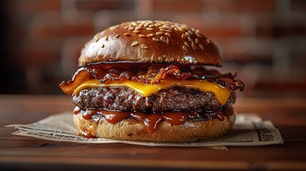  A cheeseburger atop paper on a wooden table, near a brick wall - obrazy, fototapety, plakaty