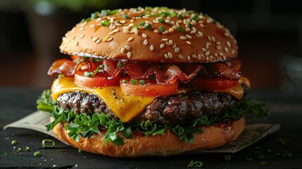  A cheeseburger with bacon, tomato, lettuce, and two tomato slices on a sesame seed bun