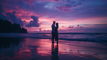 Fototapeta na wymiar silhouette of a loving couple embracing on the beach at sunset gazing at a dreamy sky romantic evening atmosphere