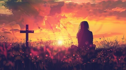 silhouette of a woman sitting on the grass praying in front of a cross at sunset spiritual concept illustration