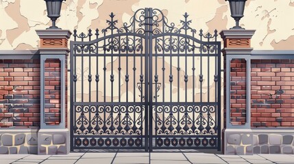 Gothic-style iron gate, brick wall, stone column, and ornate steel vector mansion entrance. Black Victorian grille on an antique, vintage facade. Classic iron gate illustration - obrazy, fototapety, plakaty