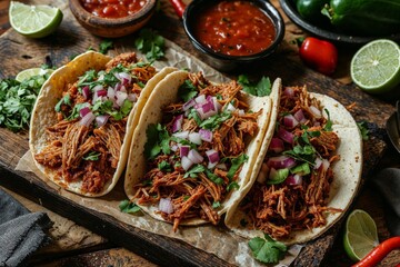 Delicious Pulled Pork Tacos on Rustic Wooden Table - 783412953