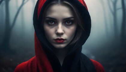 A dark and mysterious young woman in a dark scenery