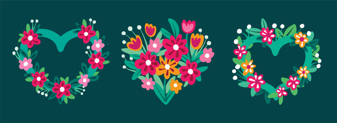 A collection of heart-shaped frames decorated with flowers and leaves