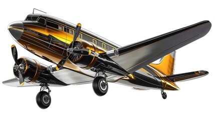 small vintage retro noir airplane in flight featuring chrome yellow and golden colors isolated on a white background concept illustration