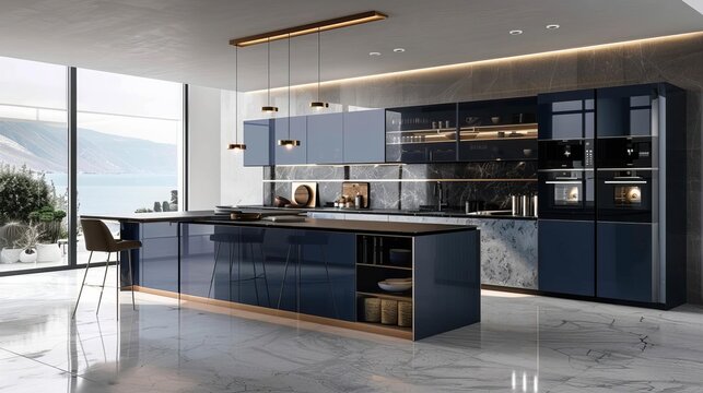 sleek minimalist kitchen interior with modern blue and khaki accents