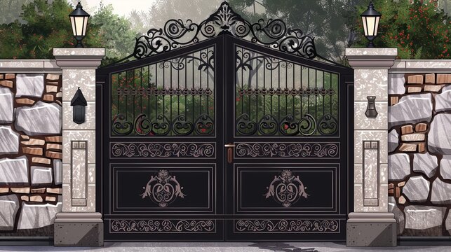 Gothic-style Iron Gate, Brick Wall, Stone Column, And Ornate Steel Vector Mansion Entrance. Black Victorian Grille On An Antique, Vintage Facade. Classic Iron Gate Illustration