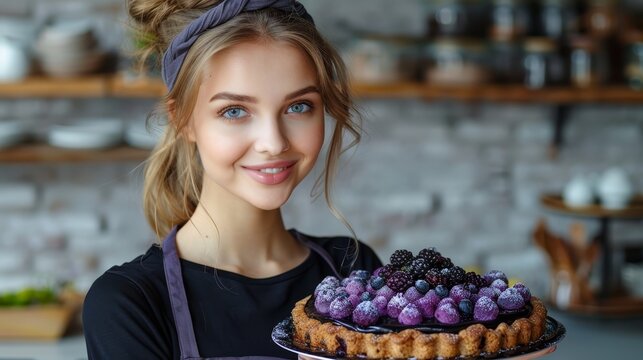   A woman happily smiles at the camera while holding a blueberry-raspberry adorned cake
