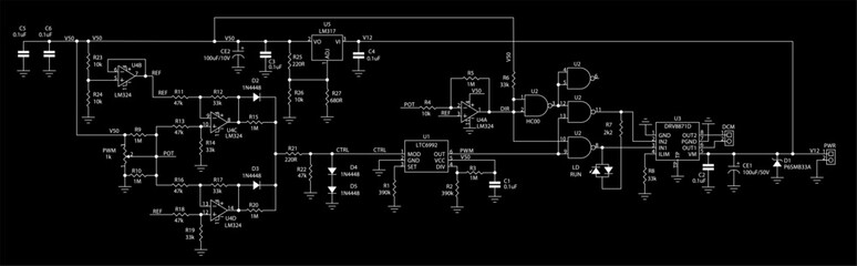 Schematic diagram of electronic device.
Vector drawing electrical circuit with 
logic gate, operational amplifier, 
microcontroller, integrated circuit, 
resistor, capacitor, diode on paper sheet.