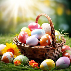 Creative poster for easter eggs with a basket of easter eggs happy eater day theme