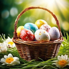 Creative poster for easter eggs with a basket of easter eggs happy eater day theme