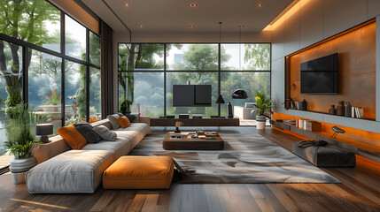 Modern Smart Home Living Room with Advanced Technology Integration