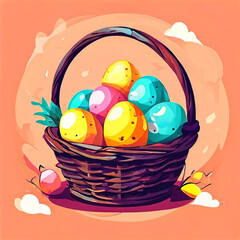 Creative poster for easter eggs with a basket of easter eggs happy eater day theme