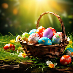 Creative poster for easter eggs with a basket of easter eggs happy eater day theme