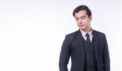 Thoughtful serious businessman pensive problem standing over isolated white background. Trouble occupation career job young man wear black suit worry thinking something tired sad looking copy space.