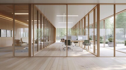 Contemporary office featuring large windows, light laminate flooring, and glass walls. without any furniture. - obrazy, fototapety, plakaty